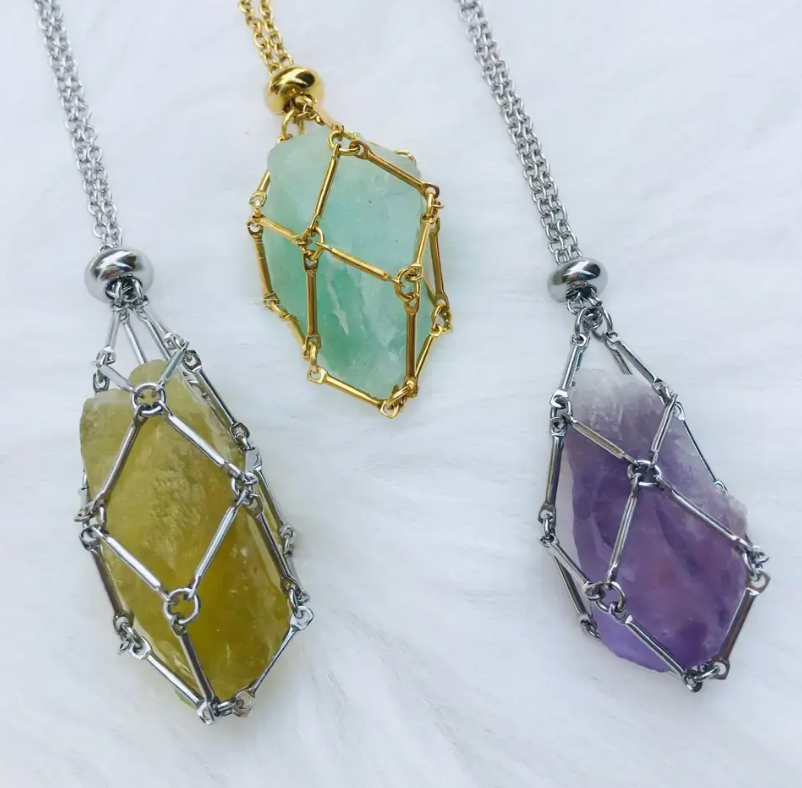 Earth Energy- Stone Holder Necklace Slider Steel - Gemstone: Yellow Gold / Clear Quartz