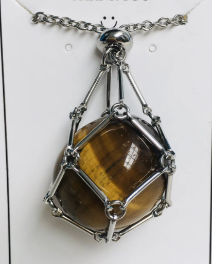 Earth Energy- Stone Holder Necklace Slider Steel - Gemstone: Yellow Gold / Tiger's Eye