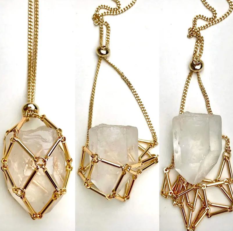 Earth Energy- Stone Holder Necklace Slider Steel - Gemstone: Yellow Gold / Clear Quartz