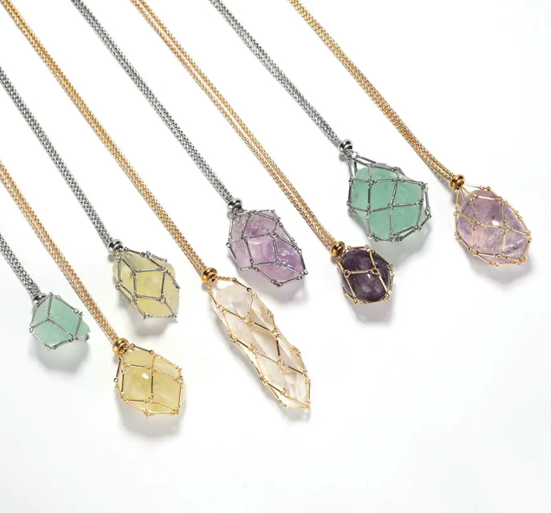 Earth Energy- Stone Holder Necklace Slider Steel - Gemstone: Yellow Gold / Green Adventurine